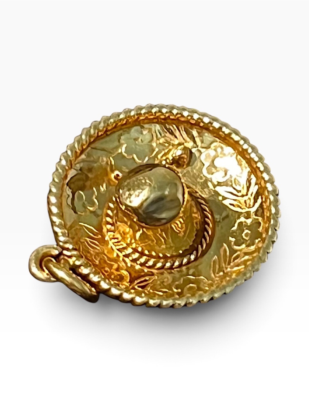 1950s Vintage 14K Solid Gold 3D Floral Etched Sombrero Hat Charm Heirloom 2.23g